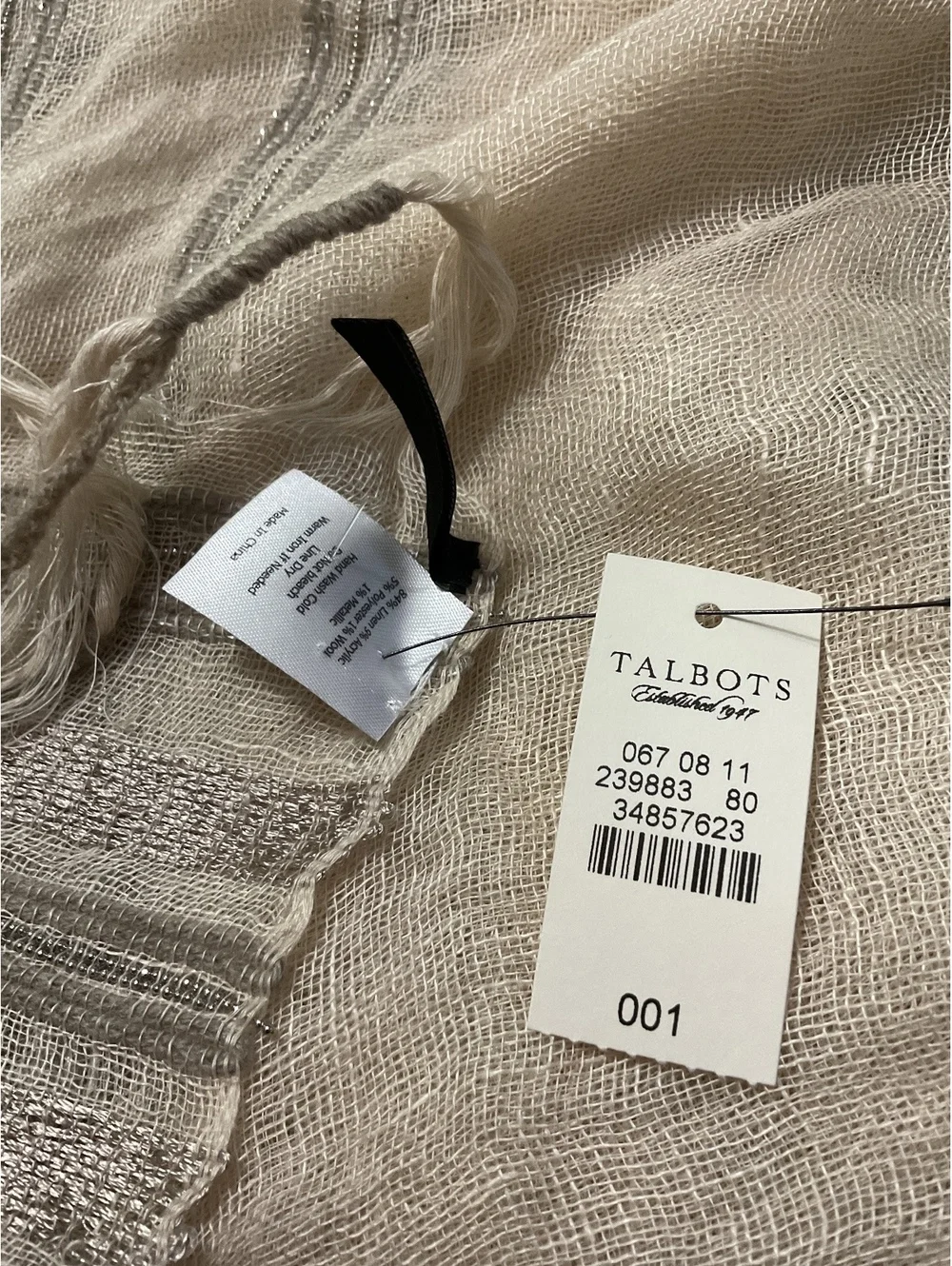 Talbots Lightweight  Linen Beige and Silver Metallic Striped Scarf with Fringe